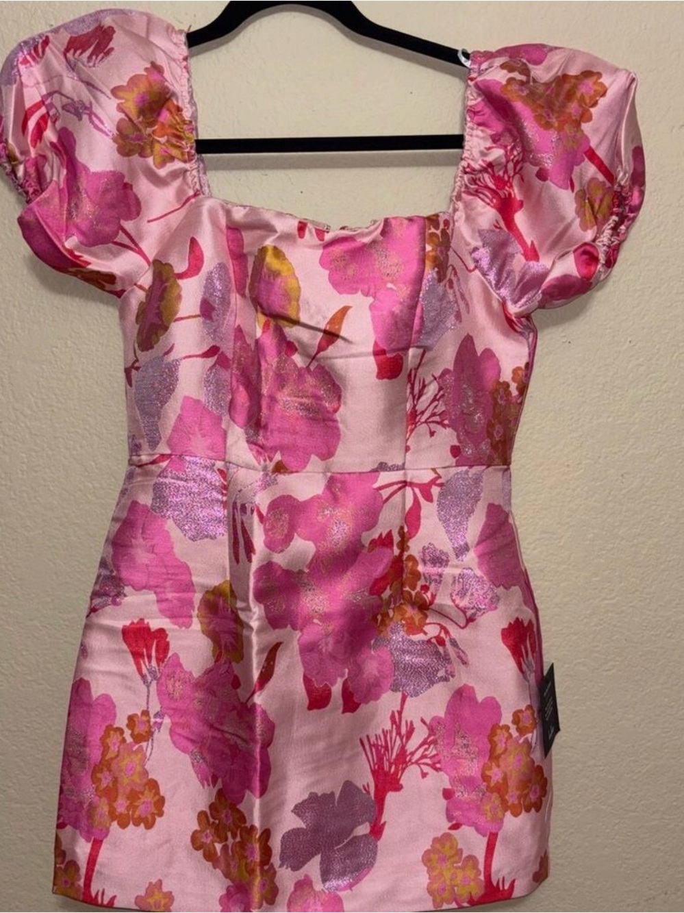 Lulu's Pink and Gold Floral Puff-Sleeve Dress